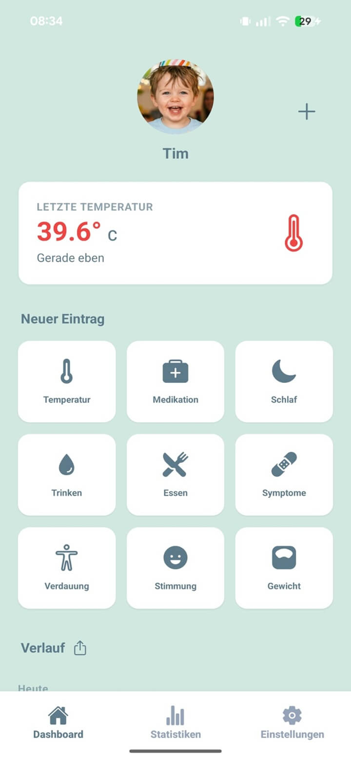 Mona App – Symptom-Tagebuch Übersicht mit Fieber-Tracker und Medikamenten-Log