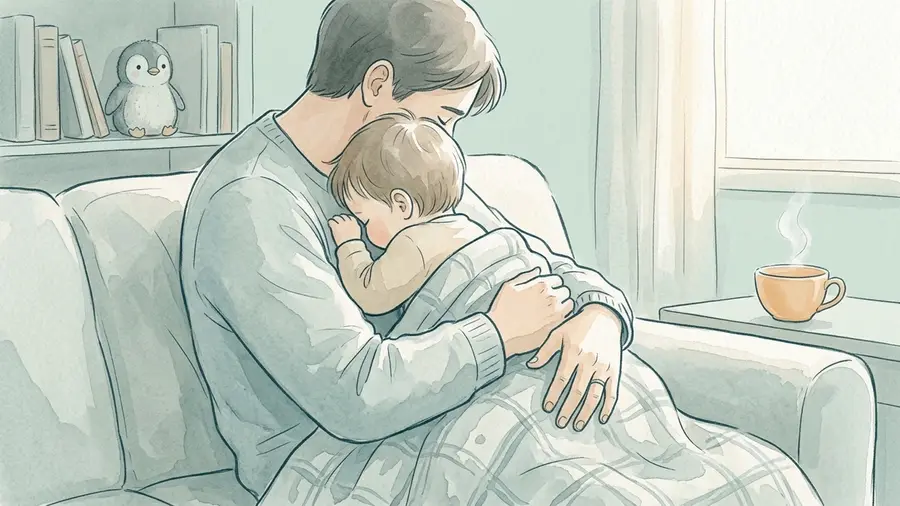 Elternteil und Kind sitzen ruhig und geborgen zusammen unter einer Decke auf dem Sofa