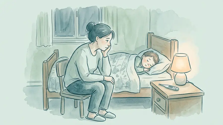 Erschöpftes Elternteil sitzt nachts am Kinderbett im gedämpften Lampenlicht, neben sich ein Thermometer