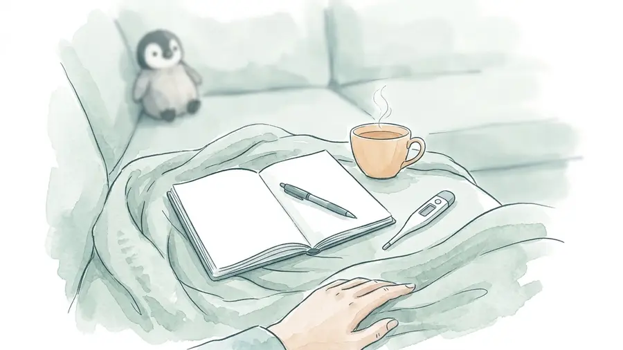 An open notebook with a pen, a digital thermometer and a cup of tea on a blanket on a sofa, a hand at the edge of the frame, with a small penguin in the background