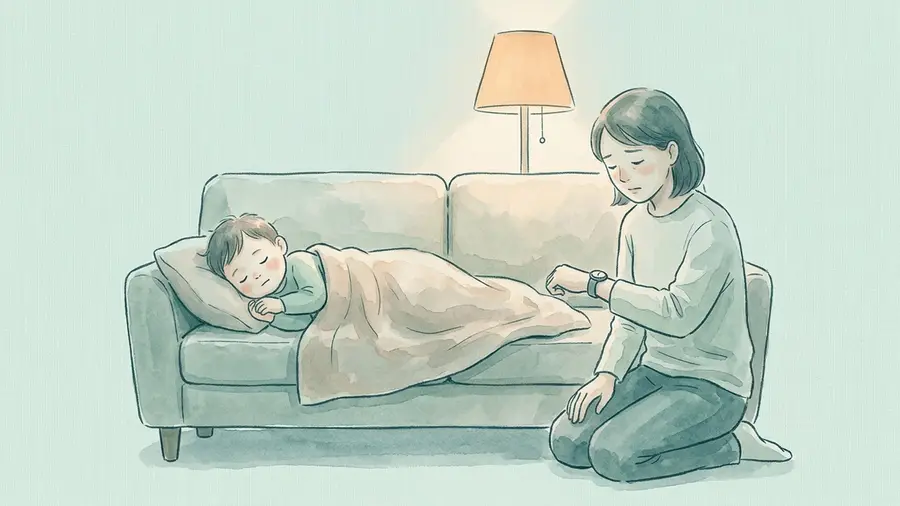 Ein Elternteil kniet neben einem zugedeckten Kleinkind, das bei gedämpftem Lampenlicht auf der Seite auf dem Sofa schläft, und schaut auf die Armbanduhr