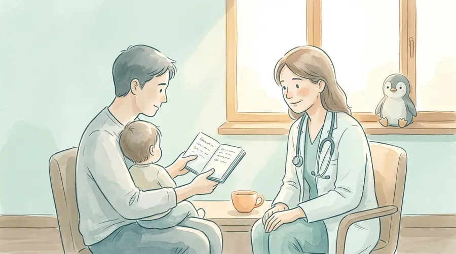 Elternteil mit Notizen beim Kinderarzt