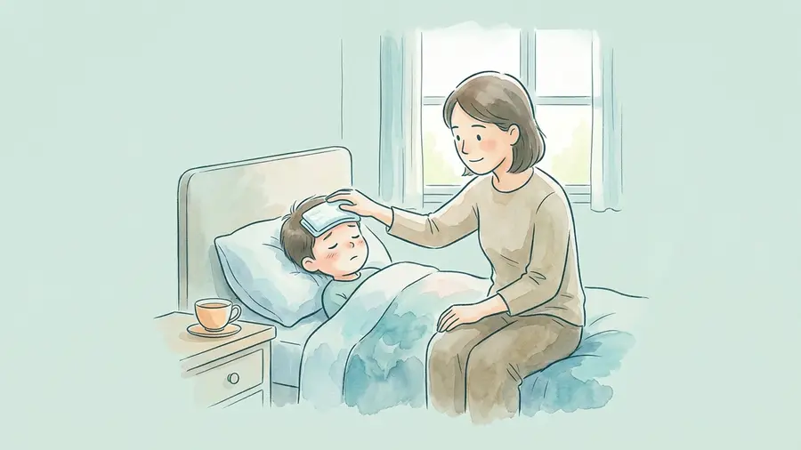 Elternteil legt einem fiebernden Kind im Bett eine kühle Kompresse auf die Stirn