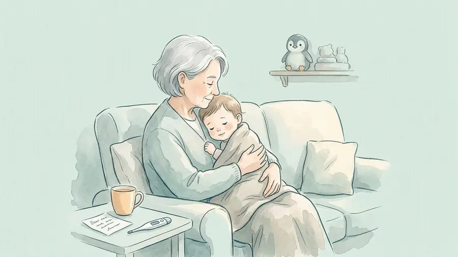 An older person sitting on a sofa with a toddler wrapped in a blanket, a note, a thermometer and a mug on the table beside them, warm daylight, a small plush penguin on a shelf in the background