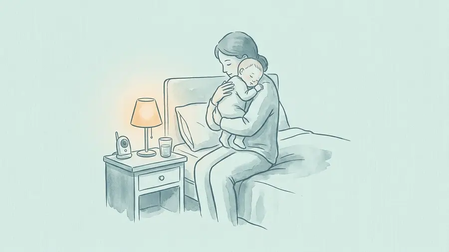 Ein Elternteil sitzt nachts auf der Bettkante und hält ein schlafendes Baby aufrecht an der Schulter, auf dem Nachttisch stehen ein Babyphone und ein Glas Wasser im Schein einer kleinen Lampe