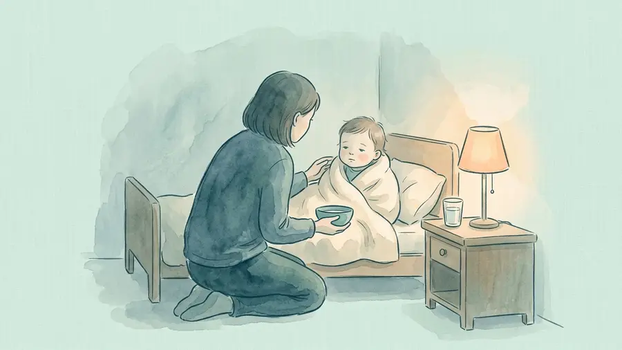 Elternteil sitzt nachts bei gedämpftem Lampenlicht am Kinderbett und hält einem Kleinkind eine Schüssel und ein Glas hin