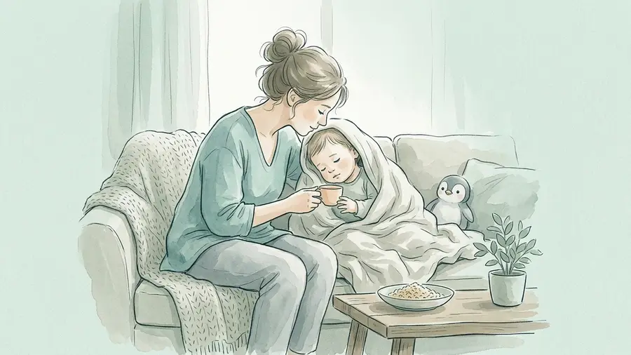 Elternteil sitzt bei Tageslicht mit einem in eine Decke gewickelten Kleinkind auf der Couch und reicht ihm einen Becher, auf dem Tisch eine fast unangetastete Schale Essen