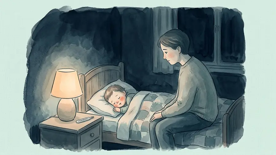 Elternteil sitzt nachts im gedämpften Lampenlicht am Bett eines fiebernden Kleinkinds, Thermometer und Handy auf dem Nachttisch