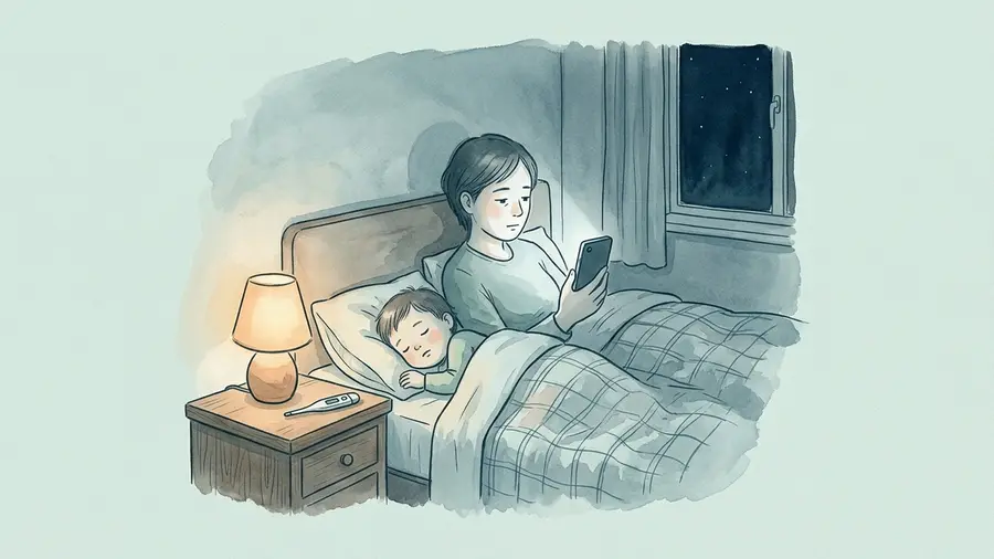 Ein Elternteil sitzt nachts im Bett, das Gesicht vom Licht eines Handys beleuchtet, daneben schläft ein kleines Kind unter einer Decke, auf dem Nachttisch leuchtet eine kleine Lampe neben einem Fieberthermometer, draußen ist es dunkel