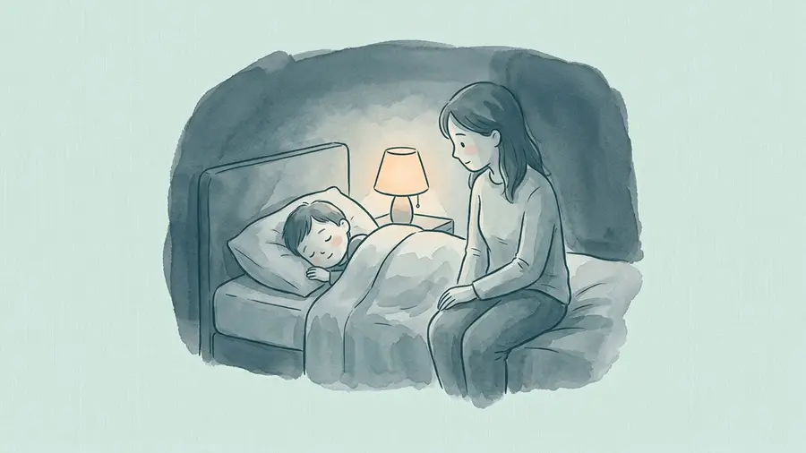 Schlafendes Kind im abgedunkelten Zimmer, ein Elternteil sitzt am Bettrand und beobachtet ruhig