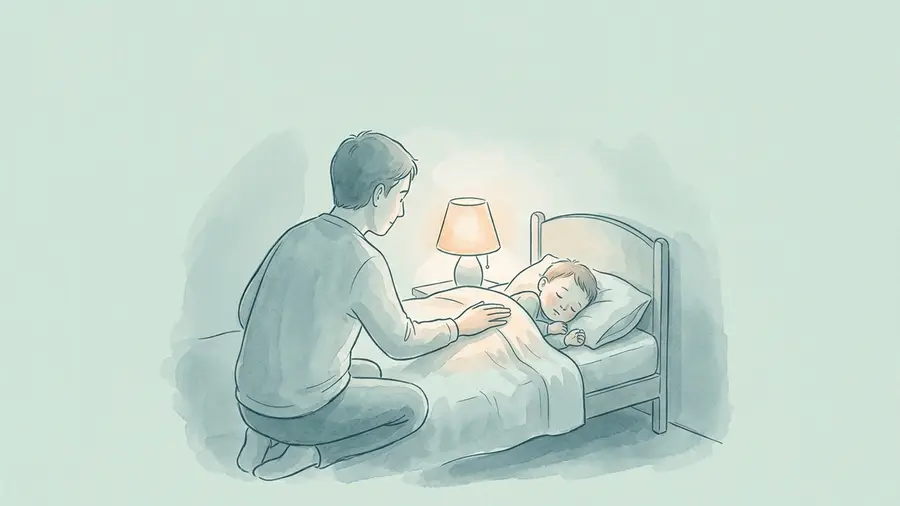 Ein Elternteil kniet nachts neben einem Kinderbett und legt einem schlafenden Kleinkind sanft die Hand auf die Bettdecke, eine kleine Nachttischlampe spendet warmes Licht