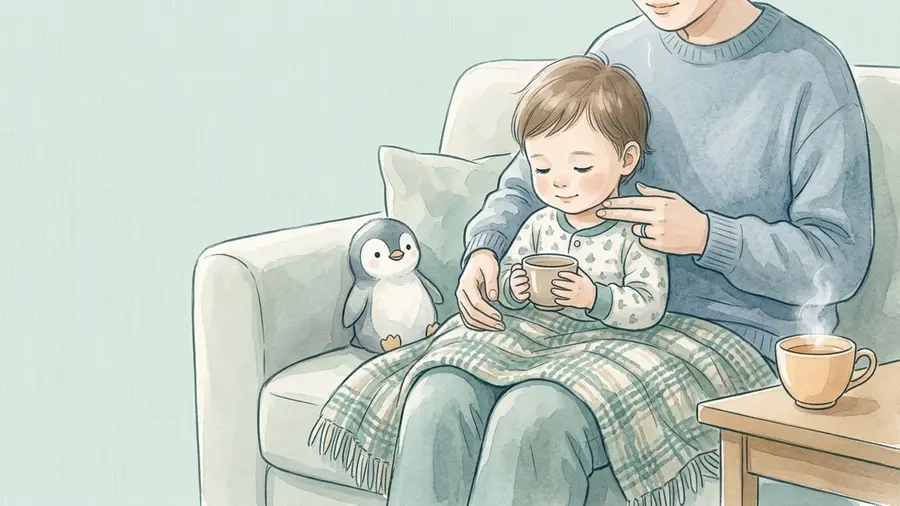 Kleinkind sitzt bei Tageslicht unter einer Decke auf dem Schoß eines Elternteils auf dem Sofa und hält eine Tasse, während das Elternteil ihm mit zwei Fingern vorsichtig den Hals unter dem Kiefer abtastet
