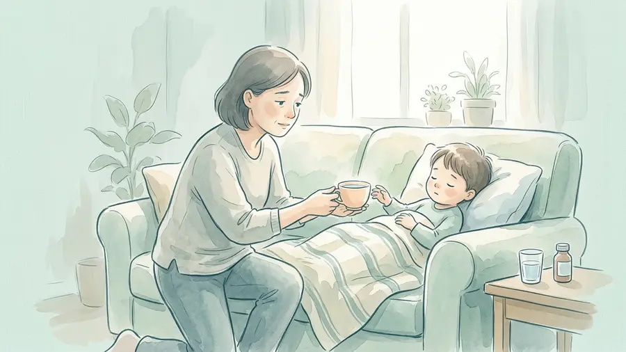 Tired parent offering a cup of water to a child with a sore throat in warm daylight, medicine and a glass on the side table