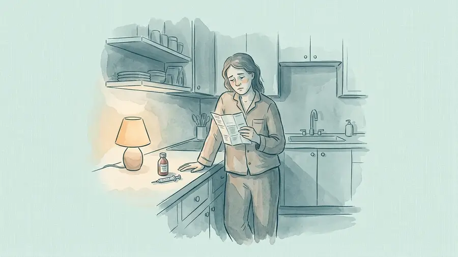 Exhausted parent standing in a kitchen at night reading a medicine leaflet, with an oral syringe and a bottle of syrup nearby