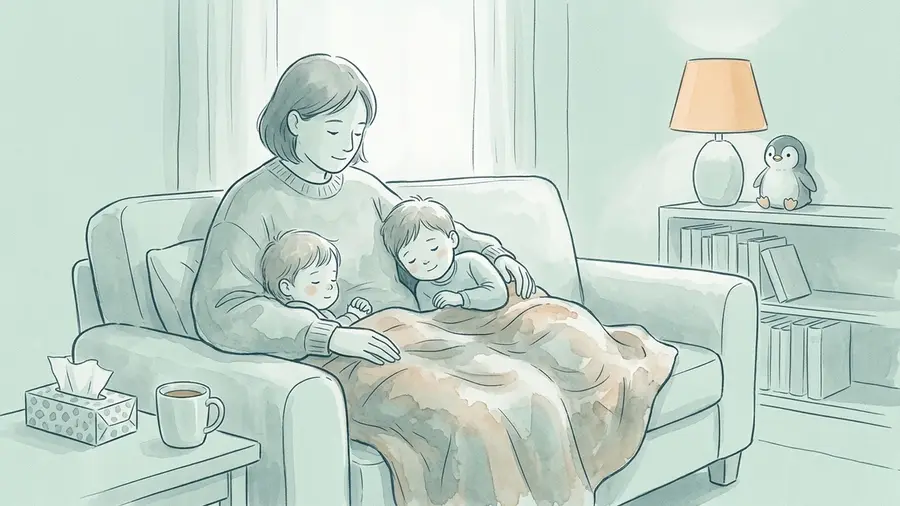 Parent sitting on a sofa in daylight with two children snuggled under one blanket, tea and tissues on the side table