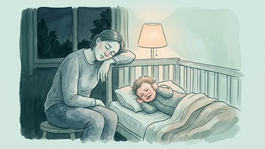 Elternteil sitzt nachts am Bett eines weinenden Kleinkindes, das sich ans Ohr fasst, gedämpftes Lampenlicht