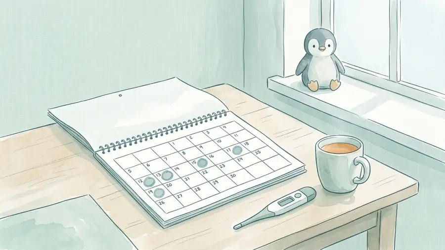 An open calendar with marked days, a digital thermometer and a mug of tea on a wooden table by a window, a small plush penguin on the windowsill in the background