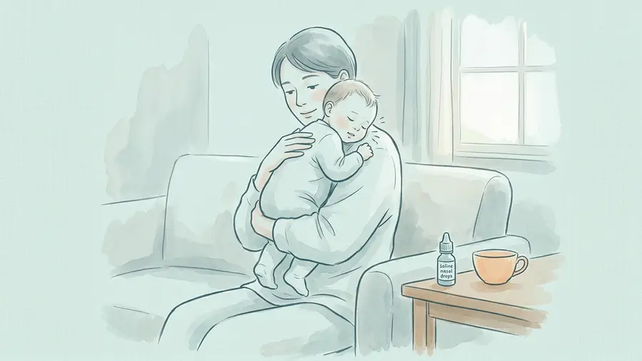 Ein Elternteil sitzt im Sessel und hält ein Baby aufrecht an der Schulter, auf dem Beistelltisch stehen ein Fläschchen Nasentropfen und eine Tasse, weiches Tageslicht am Fenster