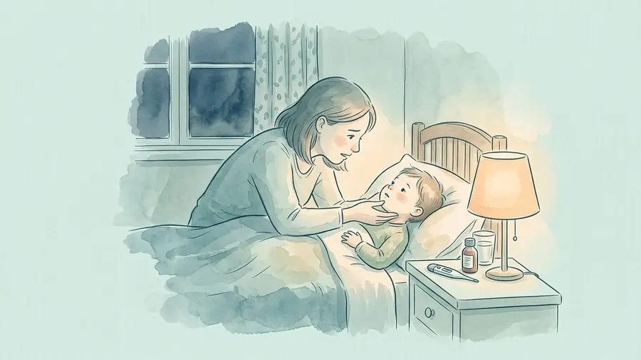 Elternteil schaut einem Kind bei gedämpftem Licht in den geröteten Rachen, Thermometer und Fiebersaft auf dem Nachttisch