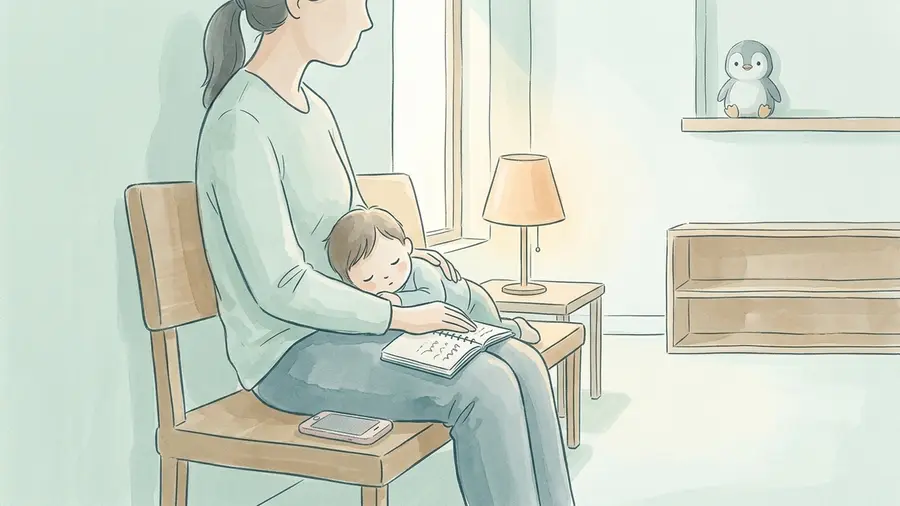 A parent sitting on a wooden chair by a window with a small child asleep on their lap, an open notebook on their knee and a phone on the seat beside them, a warm lamp and a small plush penguin on a shelf in the background