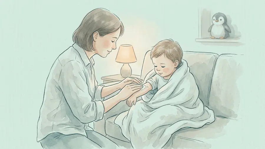 A parent gently touching the arm of a toddler wrapped in a blanket on a sofa in warm lamplight, with a small penguin on a shelf in the background