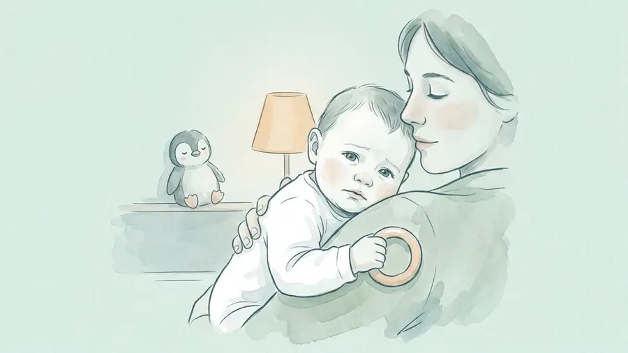 Parent cuddling a fretful teething baby in warm daylight, holding a teething ring, a penguin plush on the shelf